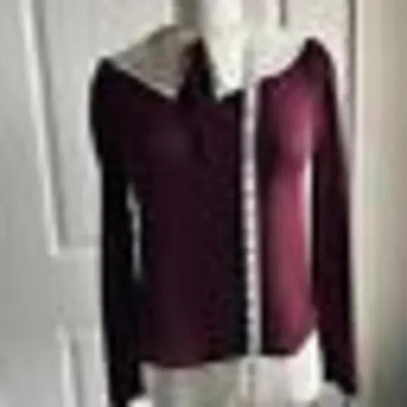 Vintage Blouse Maroon Sheer‎ Size Small Tie Neck Cream Collar Button C’est Chic - Picture 15 of 16
